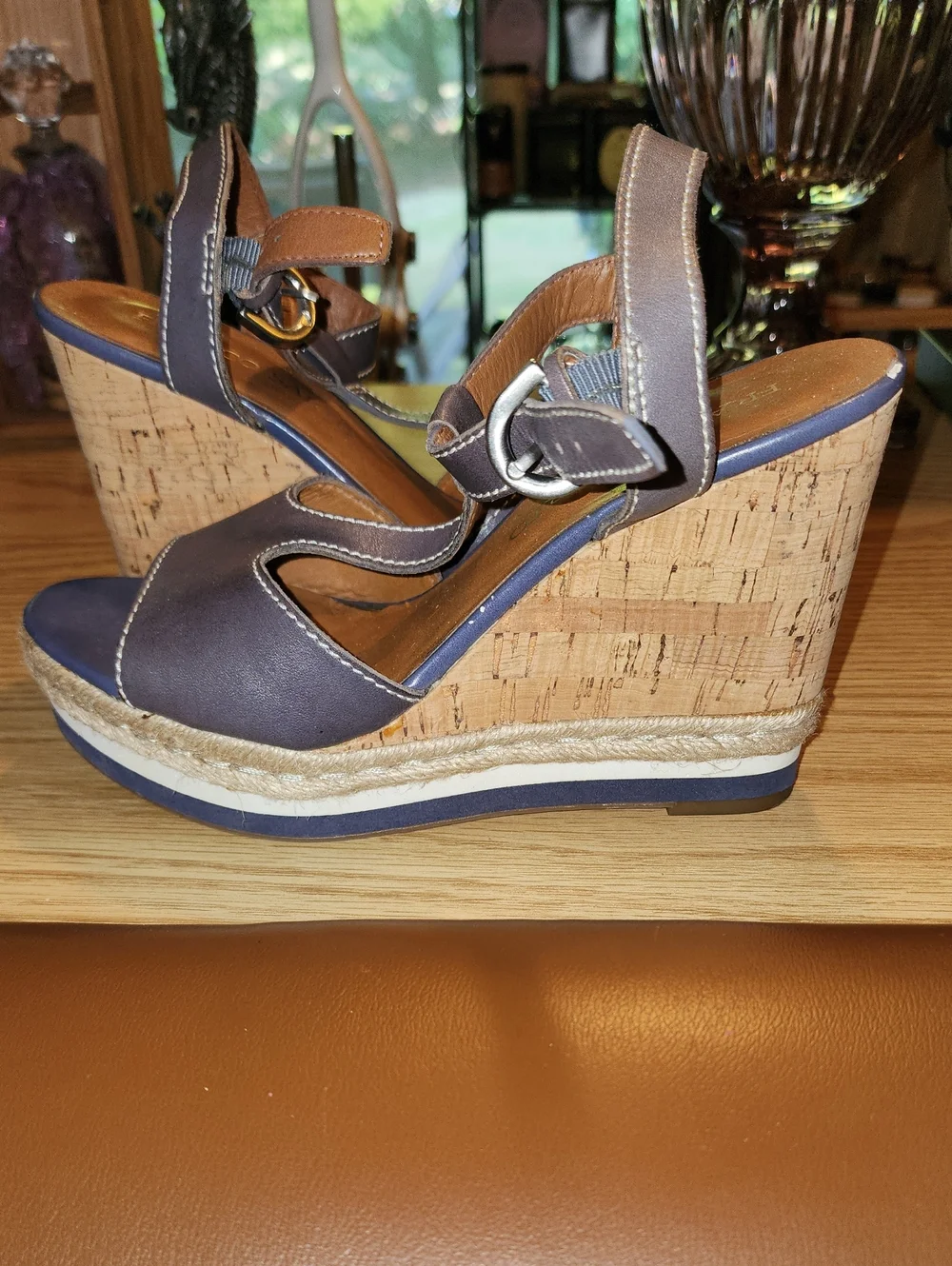 Franco Sarto Navy Wedge Sandals with Ankle Strap